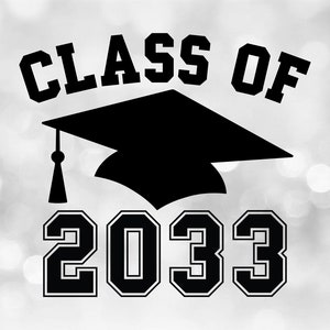 Educational Clipart: Black Class of 2033 Arched College Style Letters with Graduation Cap and Tassel - Digital Download svg png dxf pdf