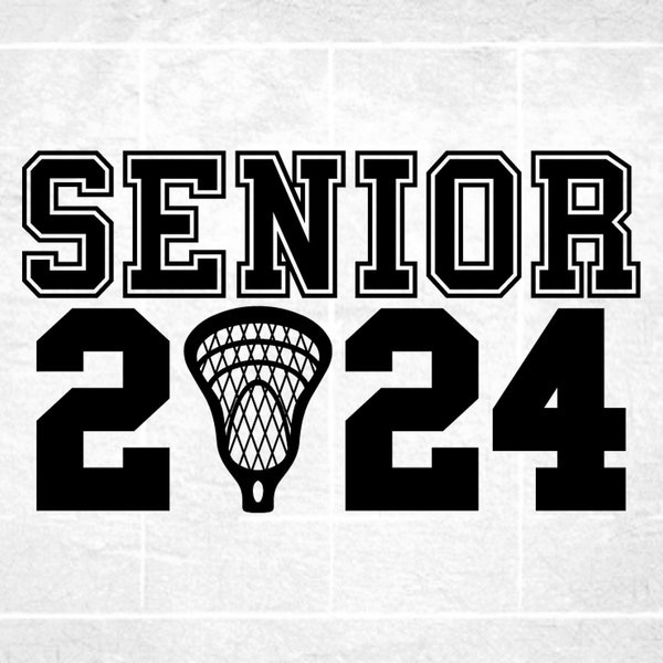 Educational Clipart: Black Words "Senior" and "2024" in Bold Varsity Style with Lacrosse Stick Net as "O" - Digital Download svg png dxf pdf