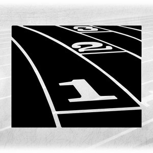 Clipart sportowy: Czarny tor lekkoatletyczny z trzema torami i numerami torów w perspektywie - Zmień kolor samodzielnie - Pobierz cyfrowo SVG i PNG