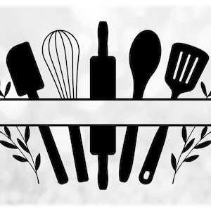 May include: Black and white silhouette of kitchen utensils, including a spatula, whisk, rolling pin, wooden spoon, and a slotted spatula, with leafy branches on either side. The utensils are arranged in a split monogram design with a blank space in the middle.