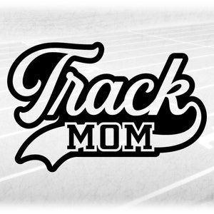 May include: Black and white graphic design with the text "Track Mom" on a white background. The design is in a sporty style with a banner and a stylized font.