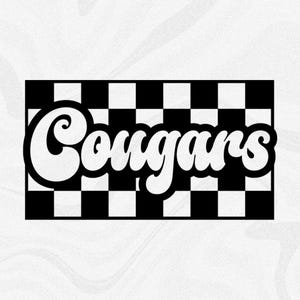 Sports Clipart: Team Mascot Name "Cougars" in Groovy Retro Style Cutout of Black Checkered Background - Digital Download svg png dxf pdf