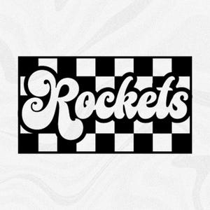 Sports Clipart: Team Mascot Name "Rockets" in Groovy Retro Style Cutout of Black Checkered Background - Digital Download svg png dxf pdf