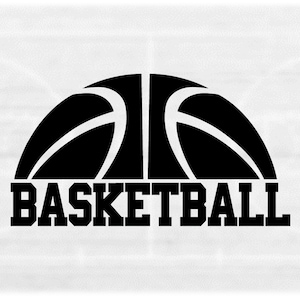 Sports Clipart: Large Black Half Basketball Shape Above Bold Word "Basketball" in College Block Lettering - Digital Download svg png dxf pdf
