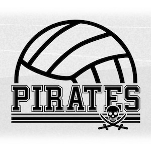 Może przedstawiać: Czarno-biały projekt graficzny przedstawiający piłkę do siatkówki z napisem "PIRATES" w pogrubionym kroju. Pod napisem znajduje się czaszka i skrzyżowane kości.