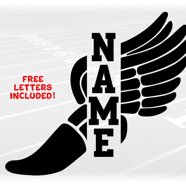 Sports Clipart: Black Split Name Frame Wing Running Shoe from Mercury/Hermes to Symbolize "Track & Field" - Digital Download svg png dxf pdf
