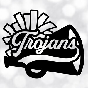 May include: Black and white illustration of a megaphone with a cheerleader's pom-pom on top. The megaphone says "Trojans" in a stylized font.
