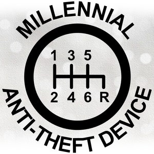 Car / Automotive Clipart: Black Round 6-Speed Manual / Stick Gear Shift w/ Words &quot;Millennial Anti-Theft Device&quot; - Digital Download SVG & PNG