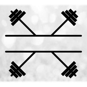 May include: A black and white graphic design featuring four barbells arranged around two horizontal lines. The barbells are angled, and the design has a simple, modern aesthetic. The background is a soft, blurred white.