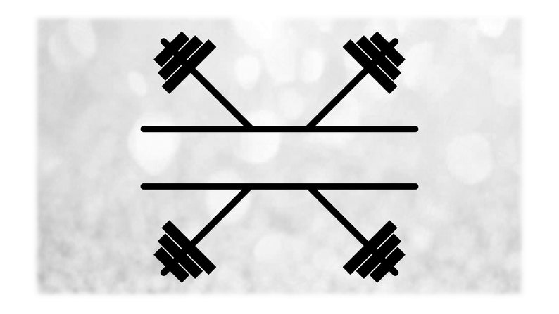 May include: A monochrome graphic design with four barbells positioned around two horizontal lines. The barbells are angled, and the design has a minimalist style. The background is a soft, blurred white.