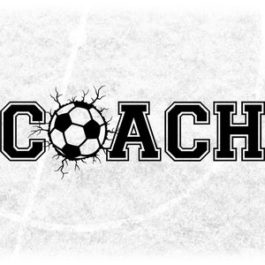 Sports Clipart: Black Word "Coach" in Collegiate Type with Cracked Soccer Ball as Letter "O" for Coaches - Digital Download svg png dxf pdf