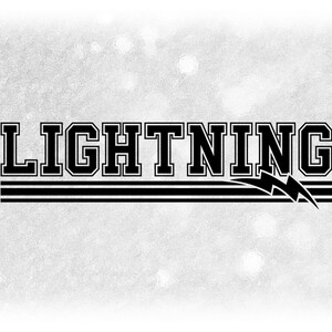 Sports Clipart: Black Bold "Lightning" Team Name in Varsity Style above Stripes w/ Lightning Bolt Cutout - Digital Download svg png dxf pdf