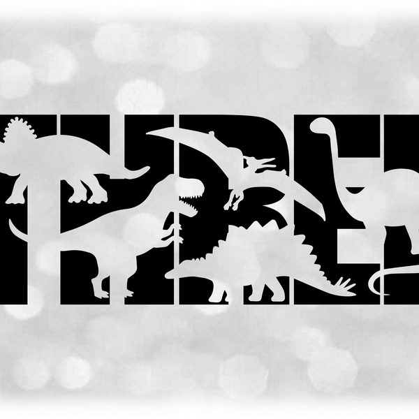 Animal Clipart: Black Word "THREE" w/ Cutout Dinosaur Silhouettes - T-Rex, Stego, Tyranno, Bronto, Ptero - Digital Download svg png dxf pdf