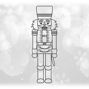 Clipart świąteczny: Czarno-biały zarys postaci Dziadka do orzechów, Strażnika Pałacowego lub Żołnierza Zabawkowego - Balet Bożonarodzeniowy - Format pobierania cyfrowego SVG/PNG