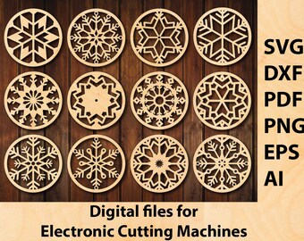 12 Snowflake Coasters Laser Cutting Files, Snowflake Decor, Snowflake Coaster File, Snowflake SVG, Christmas Decor DXF, Cricut Template