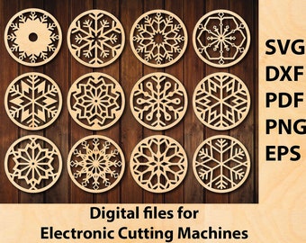 12 Snowflake Laser Cutting Files, Snowflake Decor, Snowflake Coaster File, Snowflake SVG, Christmas Decor DXF, Cricut Template