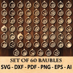 Bolas de Natal SVG, arquivos de corte de enfeites de Natal, enfeites de árvore de Natal, Cricut, arquivos de corte a laser Glowforge 60 png/svg individuais