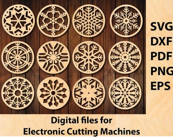 Snowflake SVG Bundle, 12 Snowflake Decor, Snowflake Laser Cutting File, Snowflake clipart, DXF Laser Cut File, Cricut