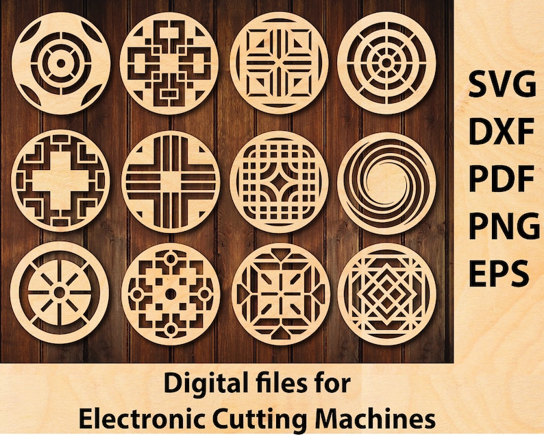 12 Round Geometric Coasters for Laser Cutting SVG DXF PDF Files Digital