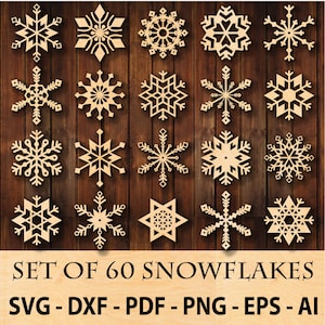 Flocon de neige SVG Bundle, téléchargement numérique de flocons de neige, fichier hiver flocon de neige, Cricut, Silhouette, Glowforge (60 svg/png individuels) AI, DXF