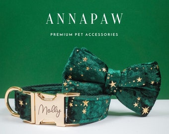 Personalized Green Velvet Dog Collar with Name Engraved on Gold Hardware, Custom Puppy Collar for Wedding Gift,Pet Accessories Available