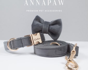 Thick Dark Gray Velvet Dog Collar and Leash with Bow Tie, Custom Dog Collar with Name Engraved, Luxury Puppy Collar for Wedding Gift
