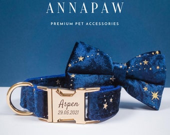 Navy Blue Velvet Dog Collar with Bow, Personalized Velvet Dog Collar Lead in Multiple Colors, Puppy Collar with Engraved Name For Wedding