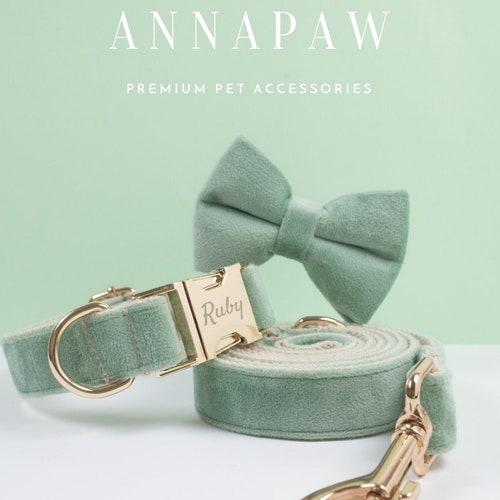 Personalised Dog Collar Lead With Bow Sage Velvet Pupyy Etsy