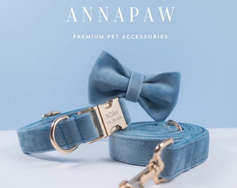 Set collare e guinzaglio per cani personalizzato, collare per cucciolo blu polveroso con nome inciso sulla fibbia, set fiocco per collare per cani in velluto per regalo di nozze,