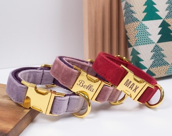 Multiple Color Personalized Dog Collar with Name, Velvet Collar Gold Clasp, Designer Wedding Dog Collar and Leash, For Both Girl and Boy Dog