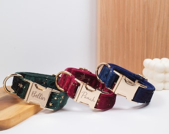Wedding Dog Collar with Name Engraved, Personalised Star Printed Puppy Gift, Luxury Velvet Dog Accessories for Dog Parents