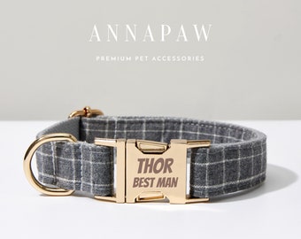 Luxury Grey Check Puppy Collar Leash,Custom Dog Collar Bowtie Set For Boy,Engraved Puppy Collar Bowtie For Wedding Gift,Free Name Engraved
