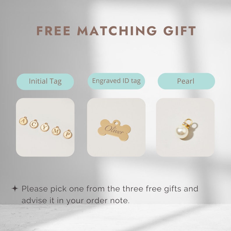 Puede incluir: Tres opciones de regalo gratis para un collar de perro personalizado: una etiqueta inicial de oro, una etiqueta de identificaci&oacute;n grabada en forma de hueso de oro con el nombre "Oliver" y una perla blanca.