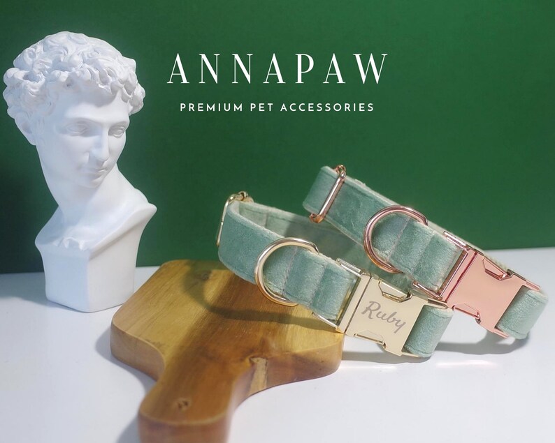 May include: Two light green velvet dog collars with rose gold hardware. The collar on the left has the name "Ruby" engraved on the buckle.  The collars are on a wooden surface.