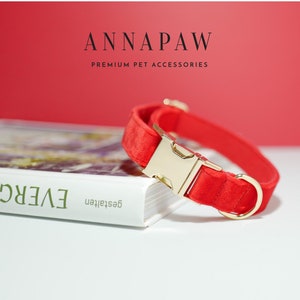 Red Dog Collar with Personalized Name/ID Tag, Thick Velvet Wedding XL Dog Collar Bow Set, Luxury Designer Gift for Dog Lover and Small Dogs