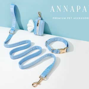 Handmade Velvet Sky Blue Dog Collar Bowtie Set,Personalized Puppy Collar Leash Bowtie,Fancy Dog Collar Leash Bowtie For Wedding Gift image 2