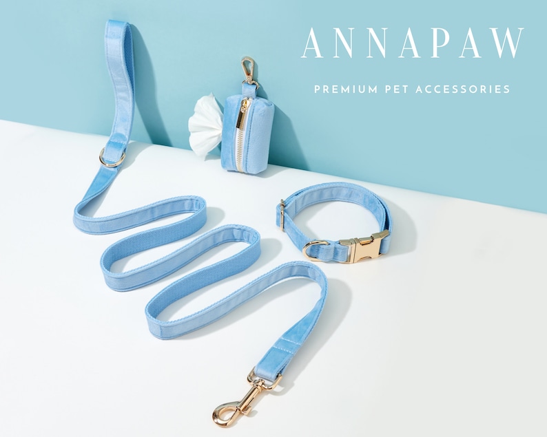 Handmade Velvet Sky Blue Dog Collar Bowtie Set,Personalized Puppy Collar Leash Bowtie,Fancy Dog Collar Leash Bowtie For Wedding Gift image 2