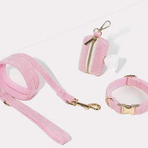 Handgefertigtes Hundehalsband-Leine-Set, individuelles rosa Cord-Hundehalsband mit Namensgravur, weiches Hundehalsband mit Kotbeutelträger, ausgefallene Hundehalsband-Leine