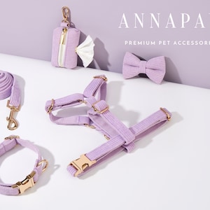 Lavender Corduroy Dog Harness and Leash Collar Bow Set, Personalised Harness with Name Engraved, Soft Luxury Harness Bow tie Collar Set
