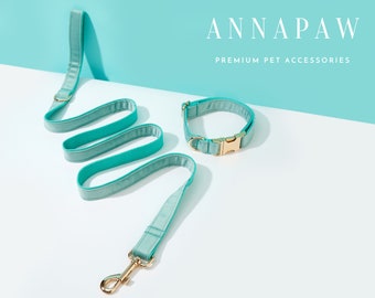 Personalized Aqua Velvet Dog Collar Bowtie Set,Handmade Puppy Collar Leash Bowtie For Wedding Gift,Fancy Engraved Dog Collar