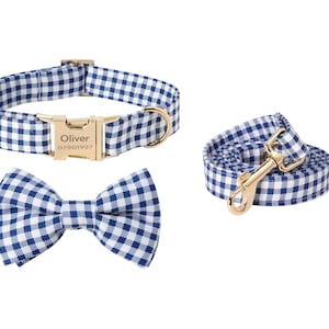 Blue Check Personalised Dog Collar Bow Set, Puppy Collar with Name Engraved, Custom Boy Dog Collar, Plaid Dog Collar