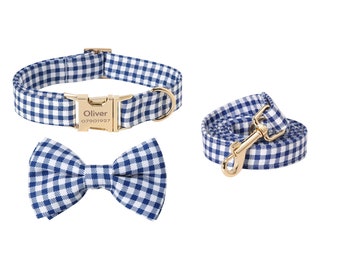 Blue Check Personalised Dog Collar Bow Set, Puppy Collar with Name Engraved, Custom Boy Dog Collar, Plaid Dog Collar