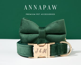 Personalized Emerald Green Velvet Dog Collar Bowtie Set,Handmade Puppy Collar Leash Bowtie For Wedding Gift,Fancy Engraved Dog Collar