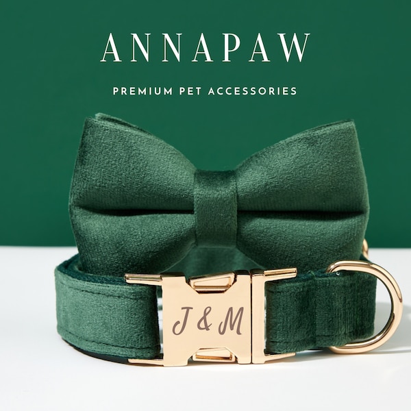 Personalized Emerald Green Velvet Dog Collar Bowtie Set,Handmade Puppy Collar Leash Bowtie For Wedding Gift,Fancy Engraved Dog Collar