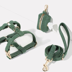 Green Corduroy No Pull Dog Harness with Name Engraved,Luxury Puppy Harness Leash Set with Dog Poo Bag Holder,Soft Dog Harness Boy
