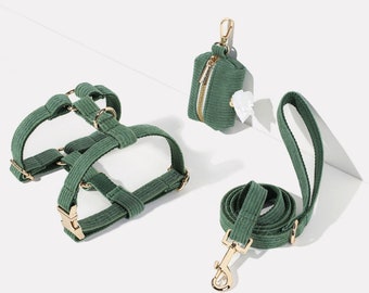 Grünes Cord No Pull Hundegeschirr mit Namensgravur, Luxus-Welpen-Geschirr-Leine-Set mit Hundekotbeutel-Halter, weiches Hundegeschirr Junge