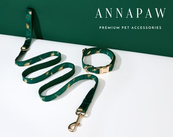 Grün Gold Feder personalisierte Hundehalsband Bogen Set,Welpen Halsband mit Name eingraviert,benutzerdefinierte Junge Hundehalsband,Hundehalsband Fliege für Hochzeitsgeschenk