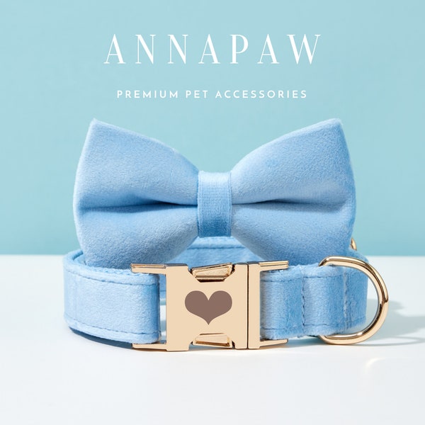 Handmade Velvet Sky Blue Dog Collar Bowtie Set,Personalized Puppy Collar Leash Bowtie,Fancy Dog Collar Leash Bowtie For Wedding Gift