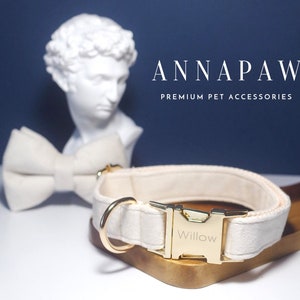 White Dog Collar with Name, Thick Velvet Dog Collar Wedding, Luxury Pet Puppy Collar for Small Dogs, Engraved Gold Buckle with Design image 2