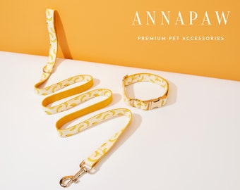 Banana Pattern Personalized Dog Collar Bow Set, Puppy Collar with Name Engraved,Custom Boy Dog Collar, Plaid Dog Collar